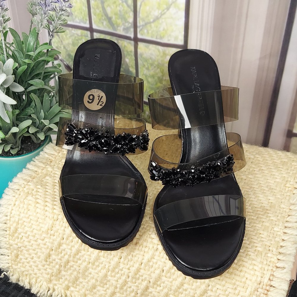 KARL LAGERFELD PARIS BRENTLY 3 BAND HIGH HEEL SLIDE SANDALS (9.5) - Picture 3 of 15